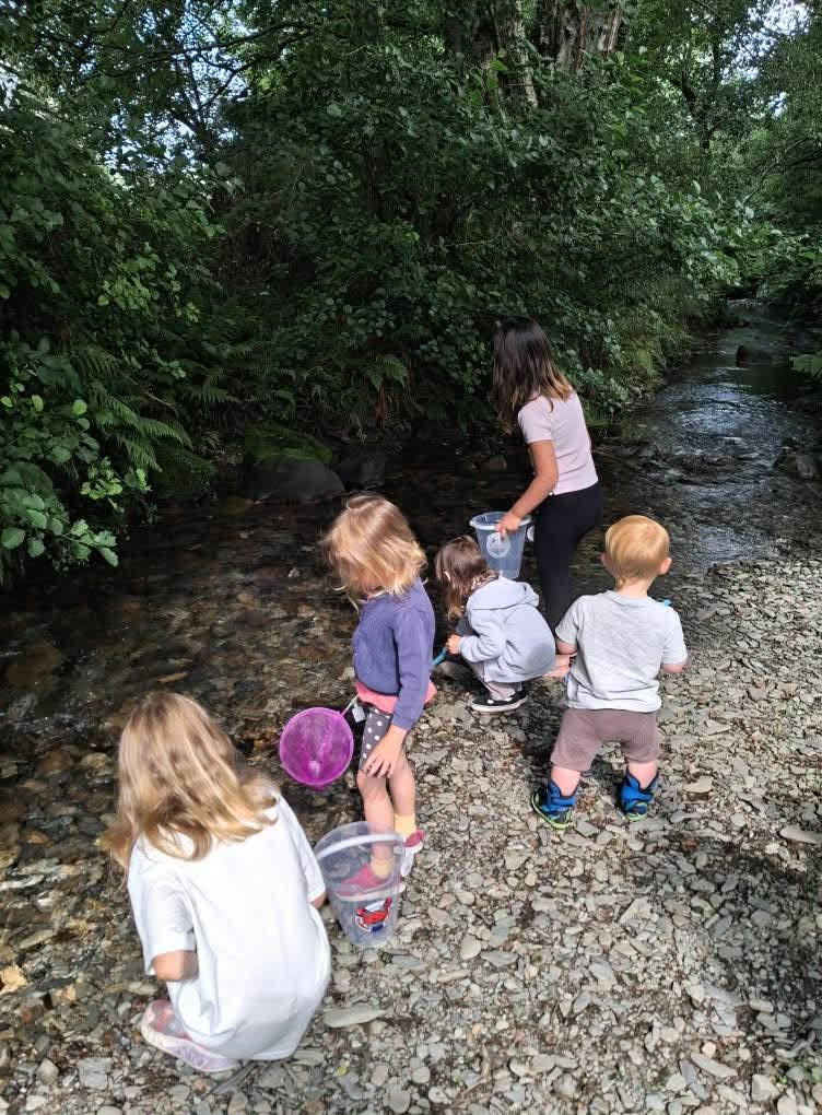 Children pond dipping with nets and buckets in a stream