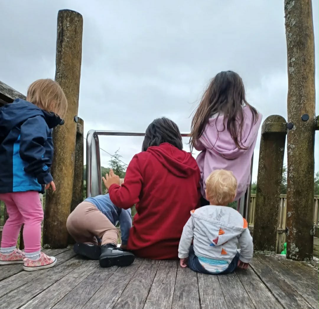 Children looking out over the view from a wooden playground tower